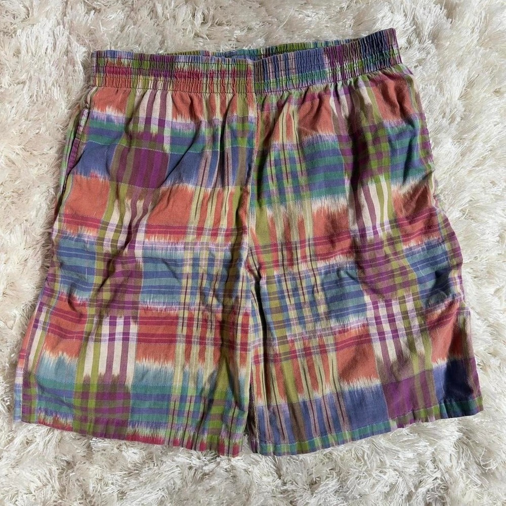 Vintage 80s Madras Plaid Elastic Waist Shorts Cotton Made in USA Mens Large